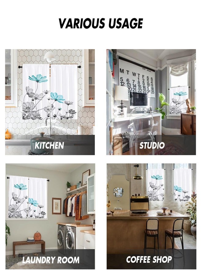 Kikiry Teal Floral Kitchen Curtains Mini 27.5''W x 39''L Patterned Turquoise Flower Country Aqua Farmhouse Daisy Grey White Short Small Cafe Room Rod Pocket Window Drapes Treatment Tiers Fabric 1 Pair - Image 3